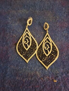3 For $15 Gold &Black Filigree Teardrop Earrings , Faux Stones With Post Backs